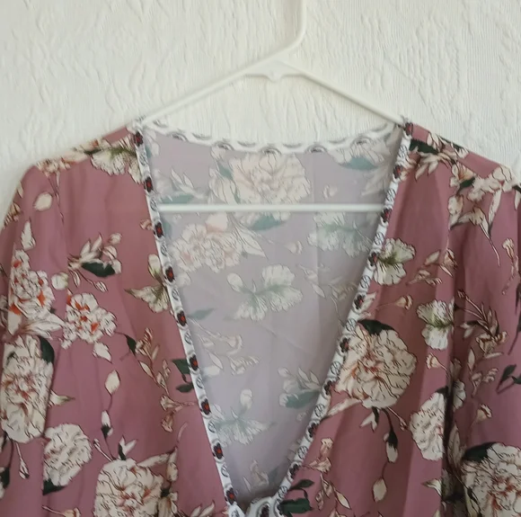 Sexy Kimono Blouse Tie Front Pink Patchwork Boho Western Flowy Floral Pastel MED - Picture 2 of 10